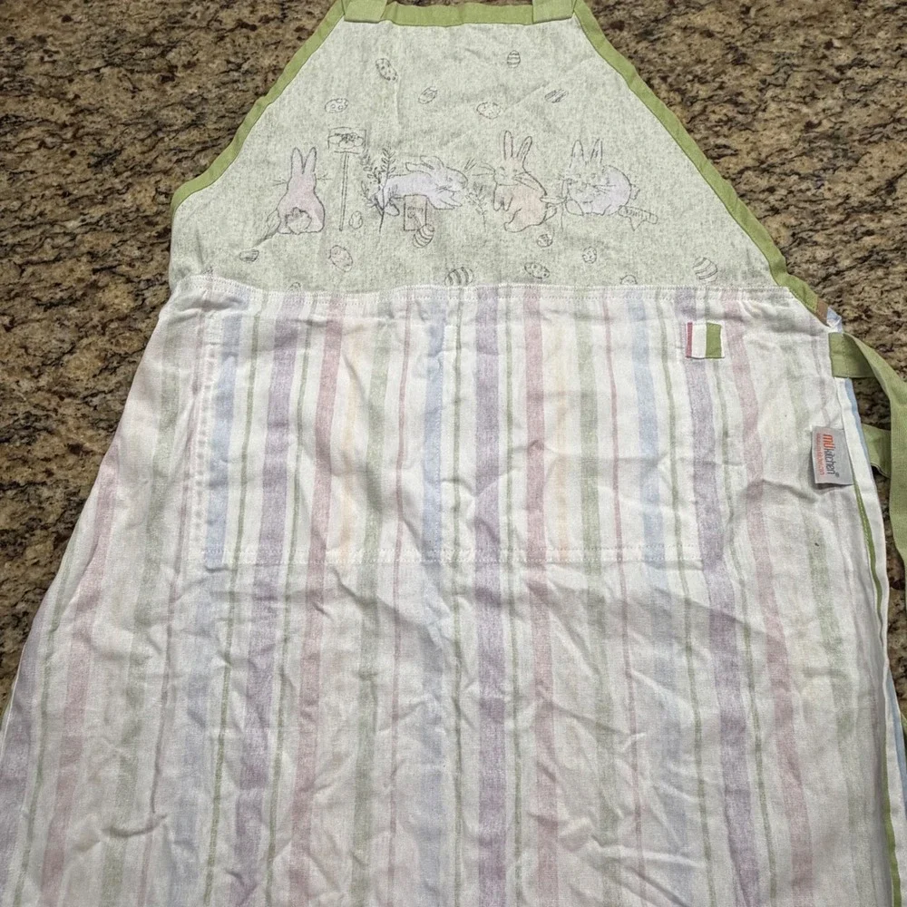 MuKitchen Easter Bunny Garden Apron Green Pastel Stripe Adjustable Pocket Bib